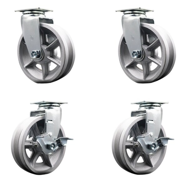 Service Caster 6'' V-Groove Semi Steel Swivel Caster Set with Bronze Bearings 2 Brakes, 4PK SCC-20S620-VGBZ-2-TLB-2 - main